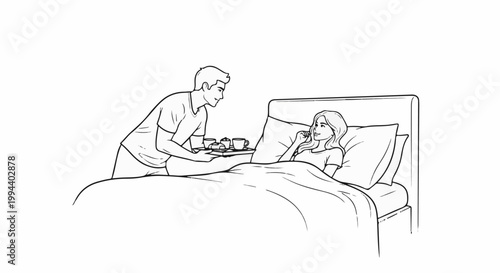 Man brings breakfast in bed to woman