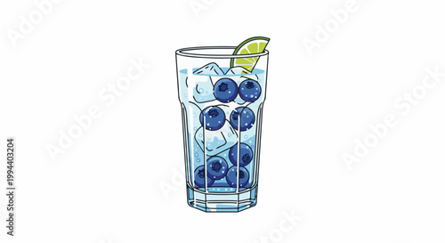 Refreshing tall glass of cold water with ice, blueberries and lime slice
