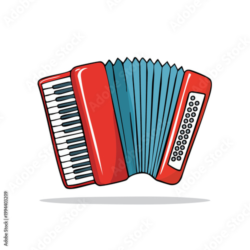 Vibrant cartoon accordion musical instrument with red body and blue bellows keyboard instrument