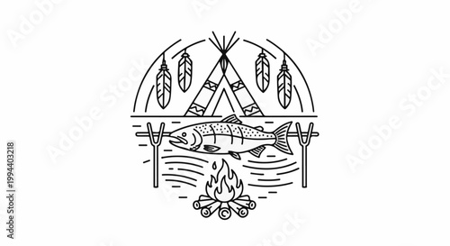 Rustic campsite with teepee, fish cooking over fire