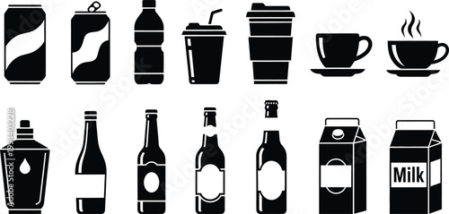 Black and white of various beverage containers and cups drink milk carton 1
