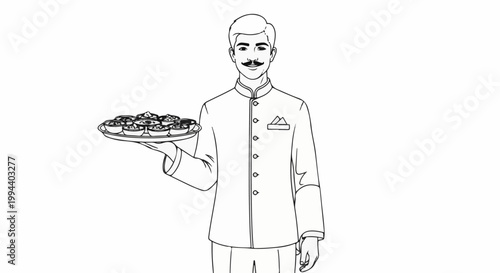 Smiling waiter offers a tray of delicious appetizers