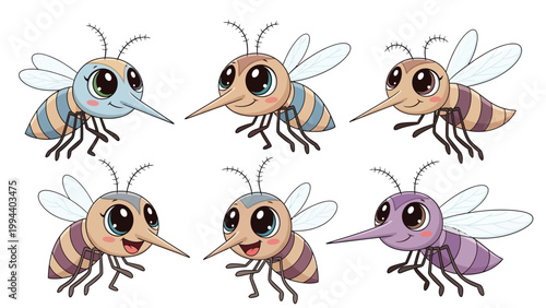 Cute cartoon mosquitoes with different facial expressions and colors, vector illustrations of insects