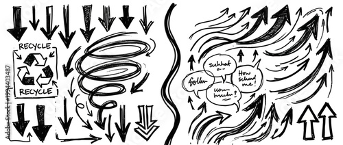 Hand drawn connectors dashes and pointers vector set — doodle sketch small arrows and markings in black ink for notes and highlights