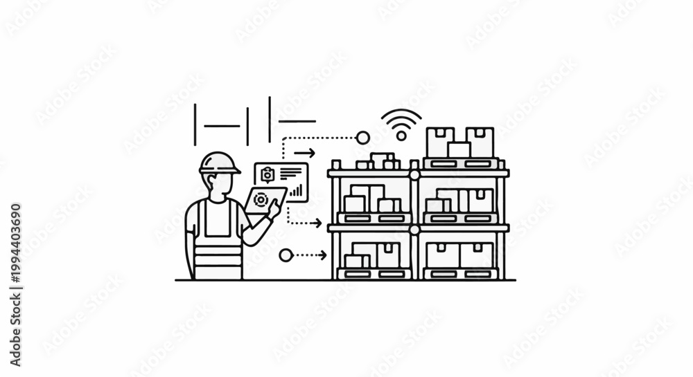Fototapeta premium A worker with tablet monitors a warehouse inventory system with wireless connectivity