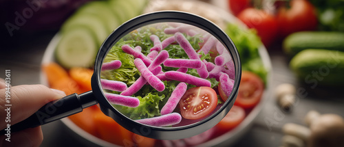Hand holding magnifying glass revealing bacteria on fresh vegetables  