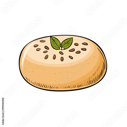 Sweet pastry with seeds and mint leaf topping isolated on white background