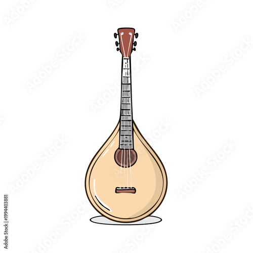 Acoustic string instrument with a pear shaped body and a long neck with frets and tuning pegs