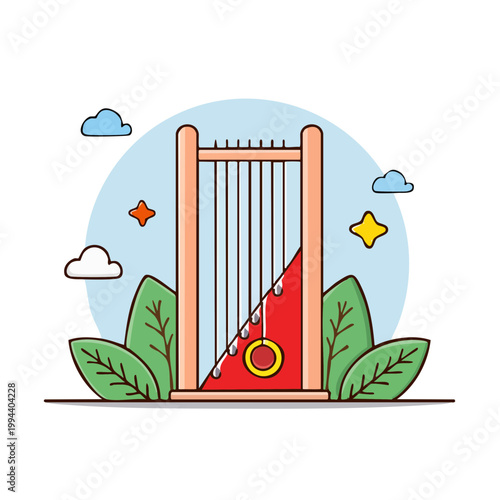 Stylized Guillotine with Falling Blade and Red Triangular Base Surrounded by Leaves and Clouds