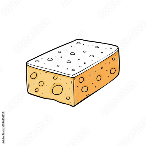 Hand-drawn illustration of a porous yellow rectangular sponge with white speckles on top and a white rim