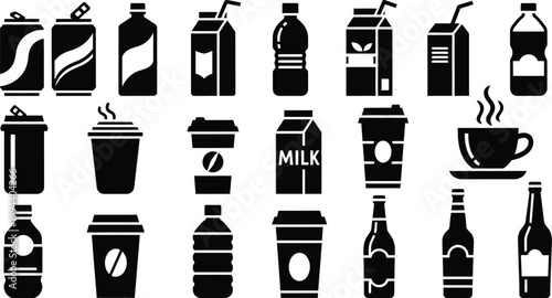 Black and white of various beverage containers and cups drink milk carton 2
