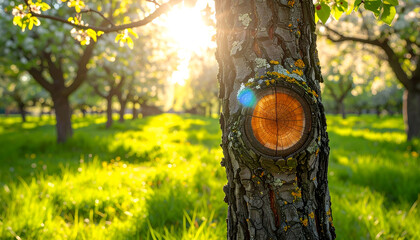 Foto auf Acrylglas Gelb Sunlight filters through a blossoming orchard, illuminating a tree trunk with a visible cut ring, creating a serene and picturesque springtime scene.  © Squish
