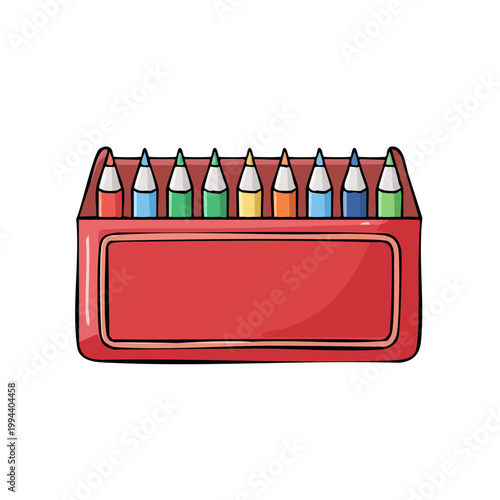 Collection of colorful drawing pencils arranged in a red holder ready for artistic creation