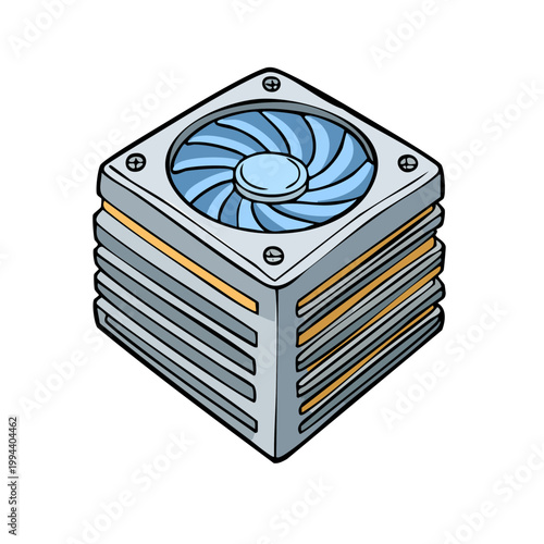 Isometric illustration of a stylized computer power supply unit with a blue fan