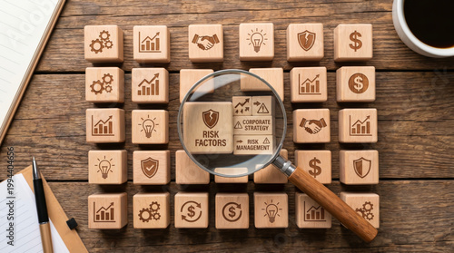 Risk management and financial analysis concept with magnifying glass over wooden blocks showing risk factors corporate strategy and business icons on a rustic wooden table background.