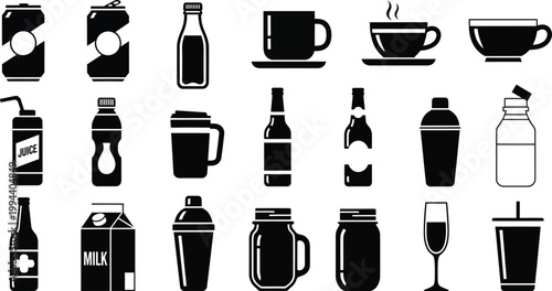 Black and white of various beverage containers and cups drink