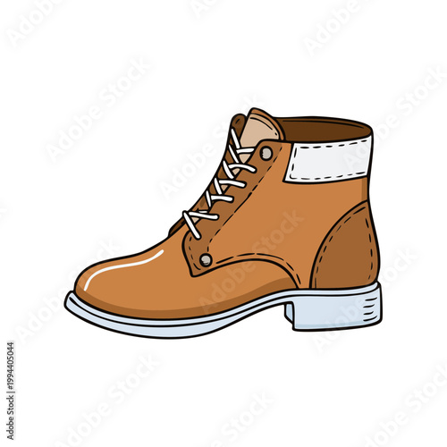 Illustration of a brown leather work boot with white laces and stitching