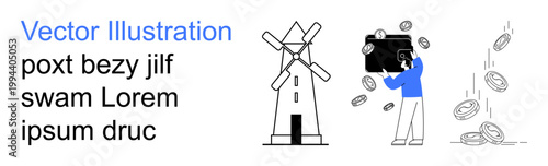 Finance, savings, renewable energy, wealth management, banking, economy. Minimalistic windmill and a man holding a wallet with coins falling. Finance and savings concept