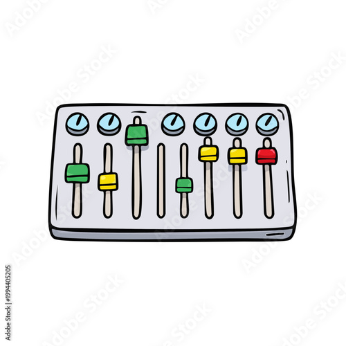 Creative cartoon audio mixer with colorful faders and knobs for music production