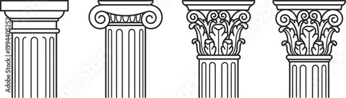 Ancient Greek architectural column orders. Column capitals, Doric, Ionic, and Corinthian styles. 
