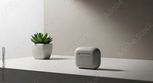Close Up of Minimalistic Wireless Earphones Case in a Modern Home Environment with Soft Tones