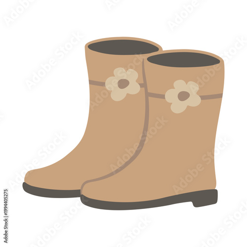 Beige brown rubber boots with small flower detail, flat vector illustration. Cute garden rain boots isolated on white background. Rustic earthy design for spring gardening, outdoor, kids, girly style