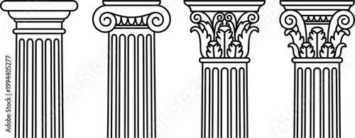 Ancient Greek architectural column orders. Column capitals, Doric, Ionic, and Corinthian styles. 