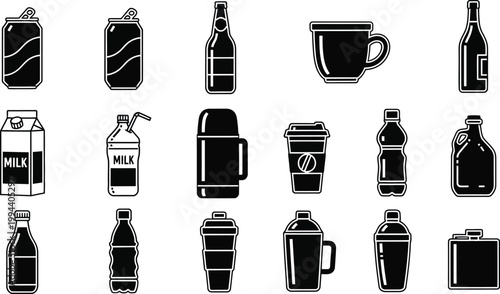 Black and white of various beverage containers drink milk carton