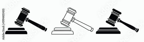 Law and justice concept with three gavel icons representing legal proceedings, auctions, and judicial decisions