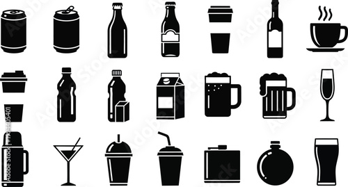 Black and white of various drink containers and glasses drink beverage symbols alcohol 1 coffee