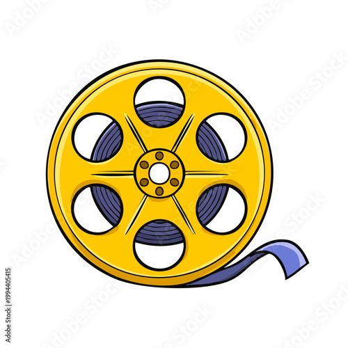Retro yellow film reel with purple tape unspooling for cinematic production