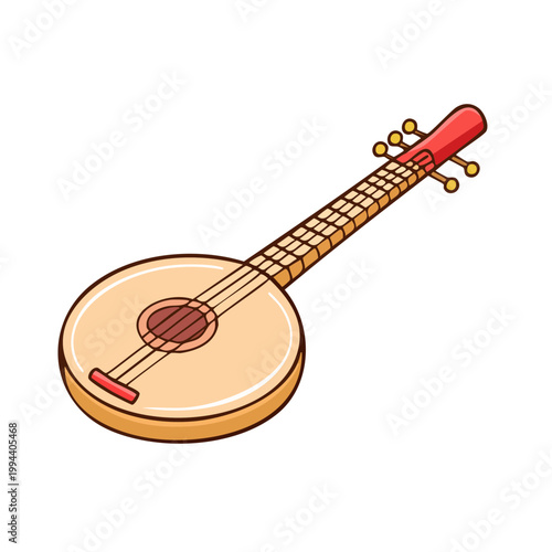 Hand-drawn illustration of a four-stringed lute instrument with a round body and red details
