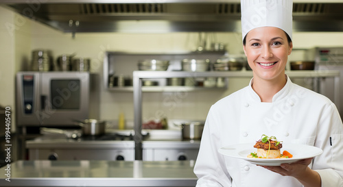 Female chef proudly showcases an exquisite gourmet dish in a stylish professional kitchen.