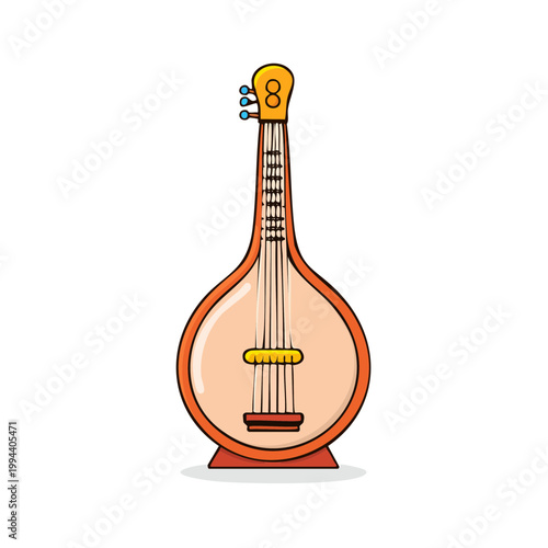 Traditional Stringed Musical Instrument with a Round Body and Fretted Neck