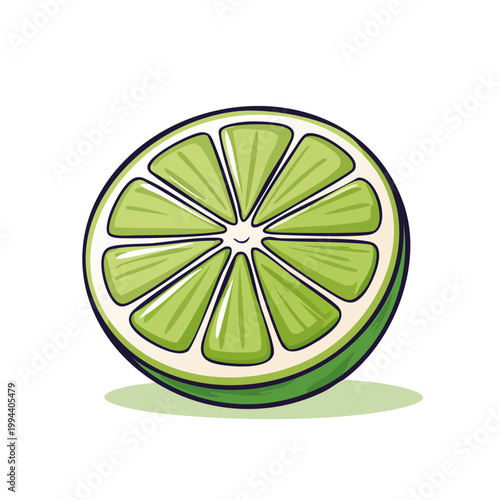 A bright green cartoon lime slice with a smiling face and juicy segments