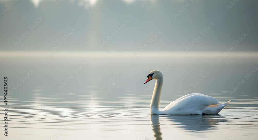Obraz premium Majestic Serene Swan Gliding Gracefully Across Tranquil Water, Creating Ripples in the Morning Light