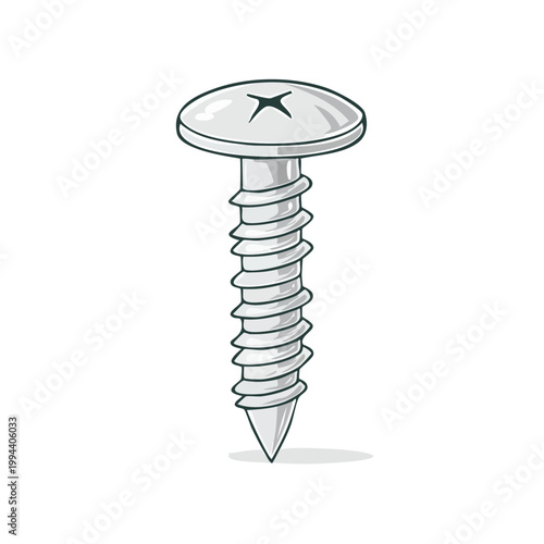 Single silver metal screw with a crosshead and pointed tip, isolated on a white background, vector illustration