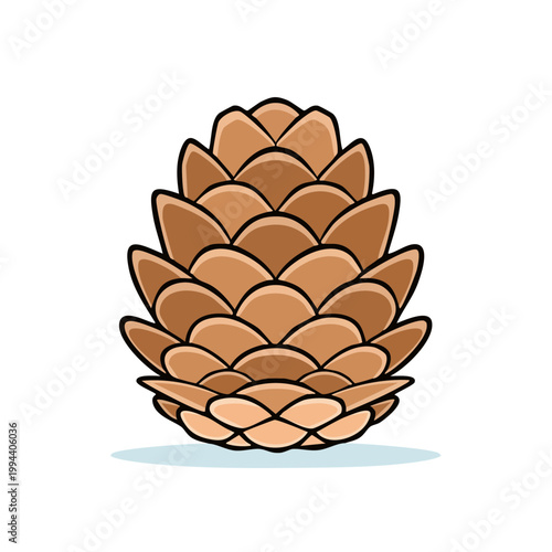 Stylized brown pine cone with layered scales and shadow on white background