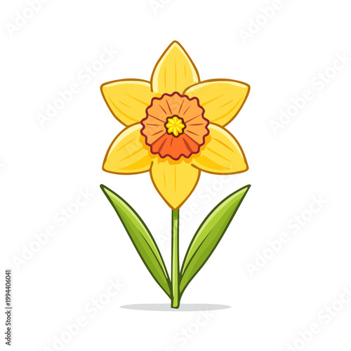 Vibrant Yellow Daffodil Flower with Green Leaves and Orange Center