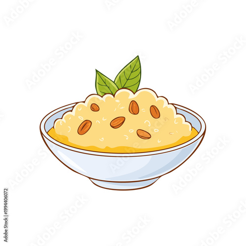 Bowl of golden porridge topped with almonds and green leaves, simple cartoon illustration.