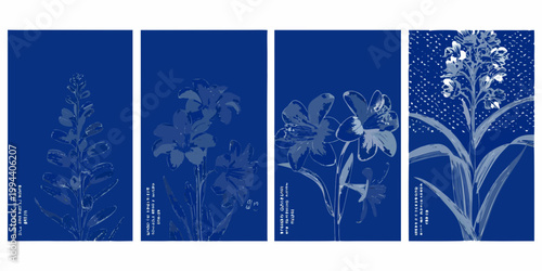 Four botanical illustrations of larkspur in shades of indigo and blue