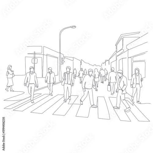 Minimalist Line Art: People Crossing Busy City Street at Crosswalk
