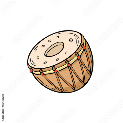 Traditional Indian Double-Headed Drum with Detailed Illustration