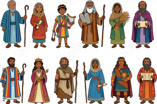 Biblical characters and ancient israelite people collection featuring prophets kings and queens vector illustration set
