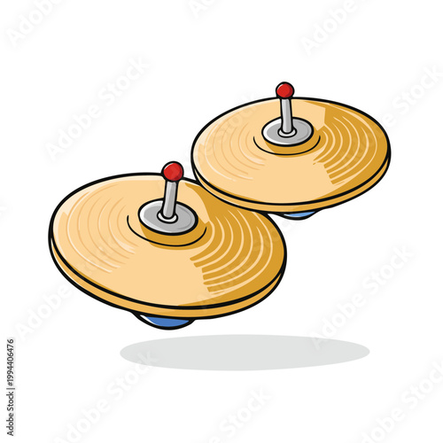 Two golden cymbals with red knobs suspended in air