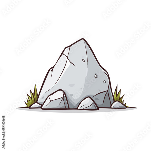 Cartoon illustration of a large, weathered grey rock with grass growing around its base