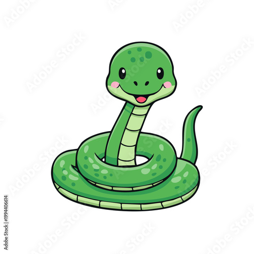 Cute Green Cartoon Snake Coiled and Smiling Friendly Wildlife Illustration