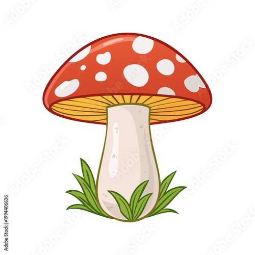 Bright Cartoon Amanita Mushroom with White Spots and Green Grass Illustration