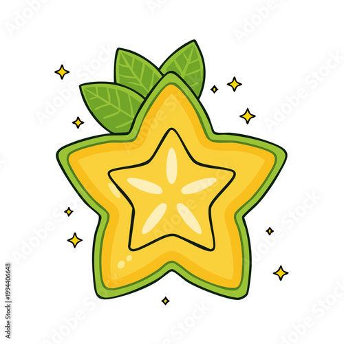 Fresh Star Fruit Slice with Green Leaves and Sparkling Embellishments