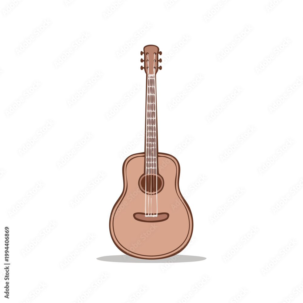 Obraz premium Acoustic guitar with six strings and wooden body isolated on white
